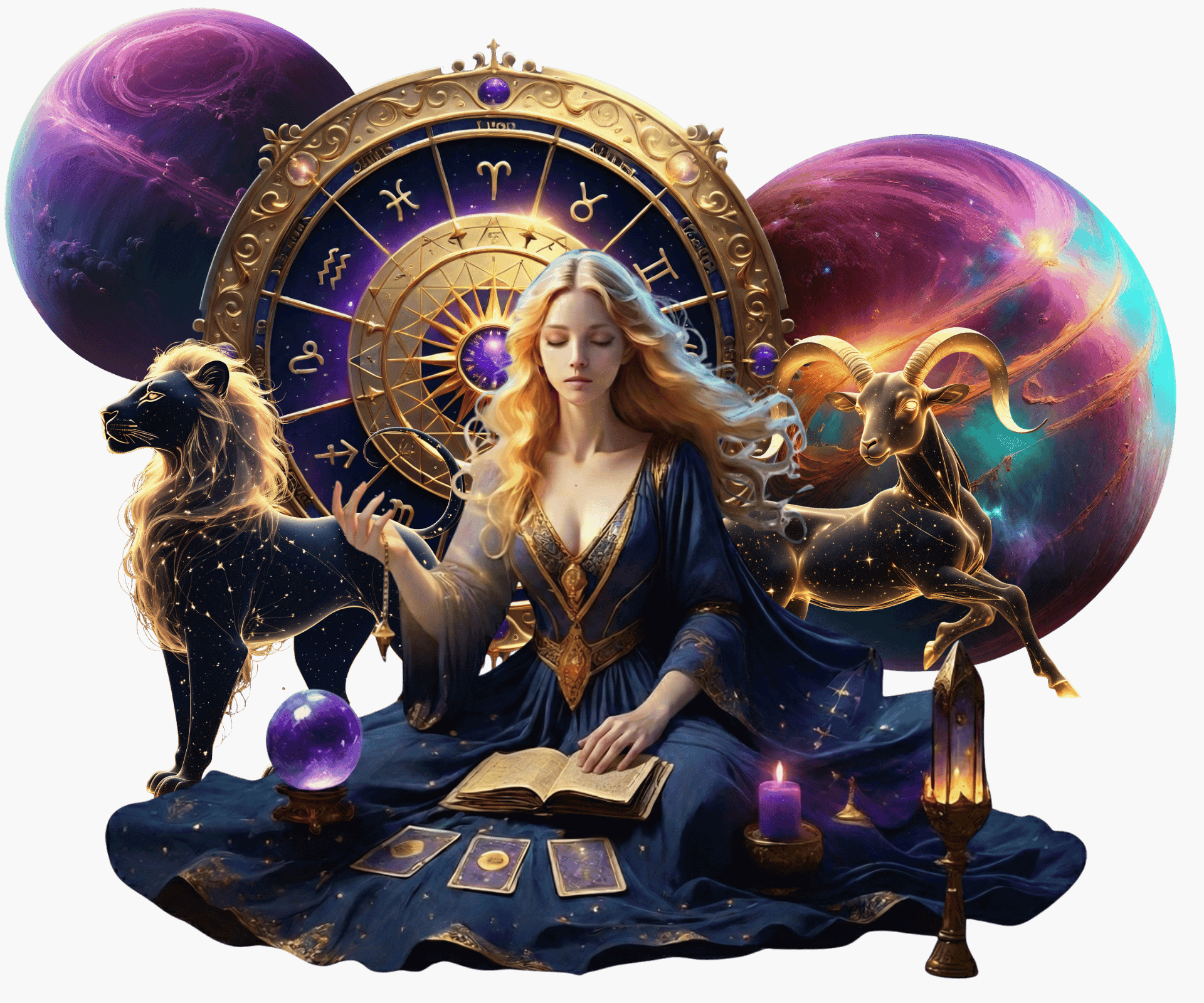 Voyante devant une roue zodiacale, tenant un pendule et des cartes de tarot, avec des planètes en arrière-plan.